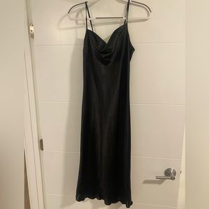 bebe long satin cowl neck black dress